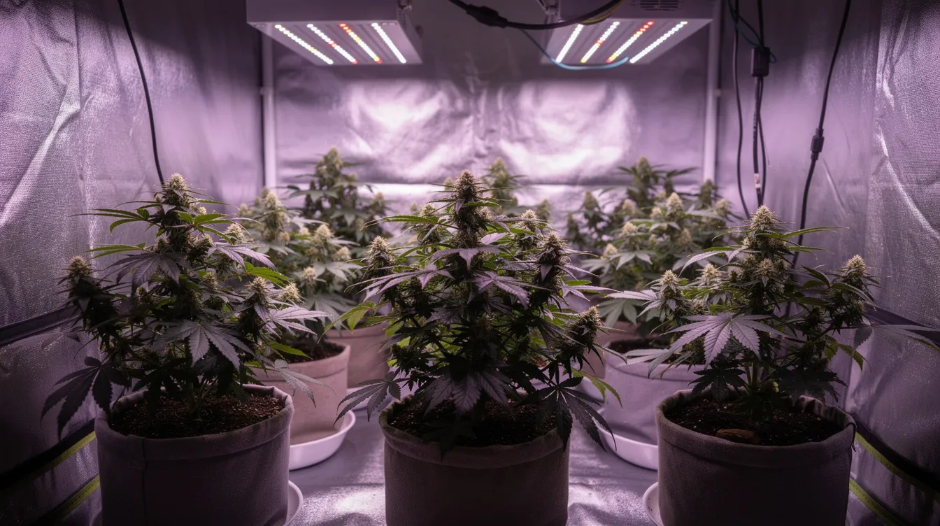 The image depicts lush cannabis plants thriving under bright purple-tinted LED grow lights inside an indoor grow tent. The full spectrum light and high intensity of the grow lights promote healthier plant growth, showcasing the effectiveness of energy-efficient lighting for optimal yields.