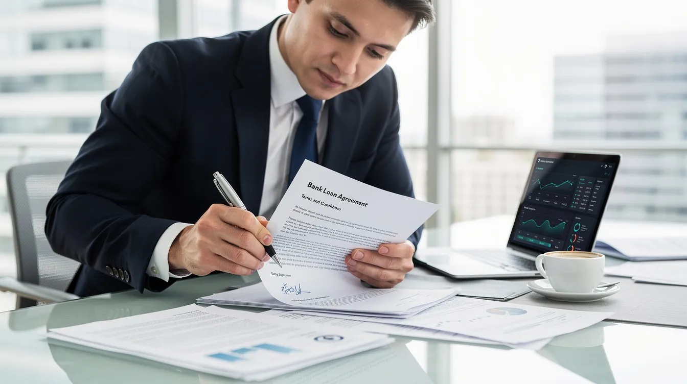 An entrepreneur is seen carefully reviewing a bank document, likely related to a business loan, before signing it. This moment highlights the importance of understanding financial assistance options, such as mudra loans, and ensuring a satisfactory credit track record for the successful growth of micro enterprises.