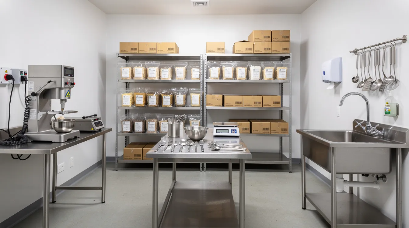 b0cfc66c 68d7 432b 8d84 d3063d16af19 The image depicts a compact food processing kitchen equipped with stainless steel appliances, neatly organized shelves filled with various packaged food products, reflecting a clean and efficient workspace ideal for small business owners in the food and beverage industry. This setup represents a great business idea for those looking to start a profitable small business venture.