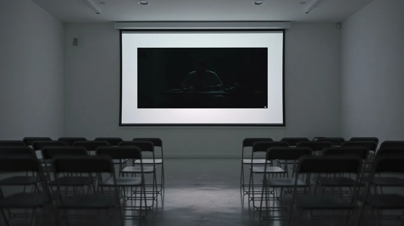 Der leere Seminarraum zeigt eine große Leinwand, auf der ein dunkles Filmbild projiziert wird, möglicherweise aus "The Wolf of Wall Street". Im Vordergrund sind Stuhlreihen angeordnet, die auf eine bevorstehende Präsentation oder Filmvorführung hindeuten.