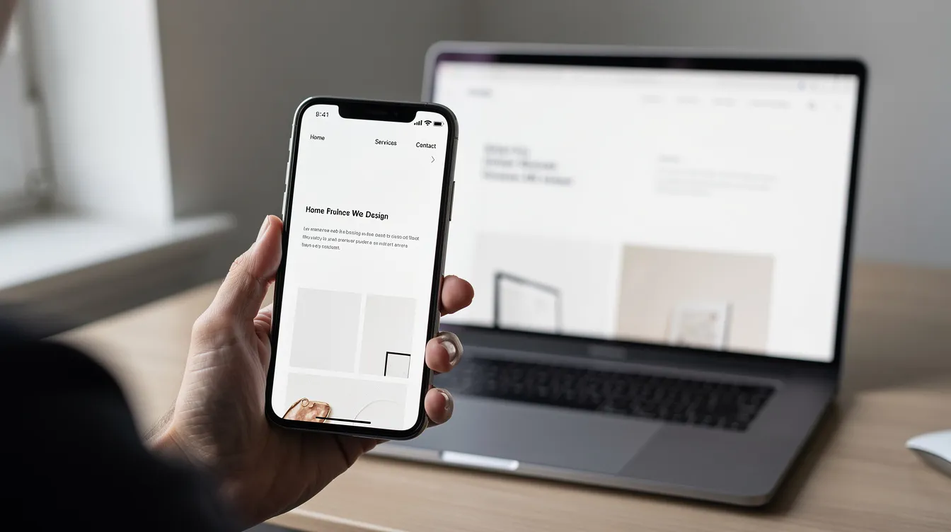 A person is holding a smartphone displaying a cleanly designed WordPress website, while in the background, a laptop shows the same site. The image highlights the importance of mobile responsiveness and effective website design for managing multiple WordPress sites.