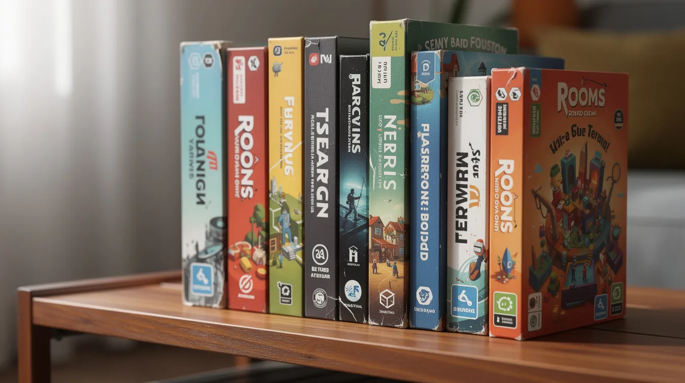 A variety of modern board game boxes are stacked vertically on a wooden shelf, showcasing popular titles like Monopoly and Trivial Pursuit, perfect for family game nights or gatherings with friends. This display invites enthusiasts to discover and buy board games online or in-store, offering a fun way to engage and play together.