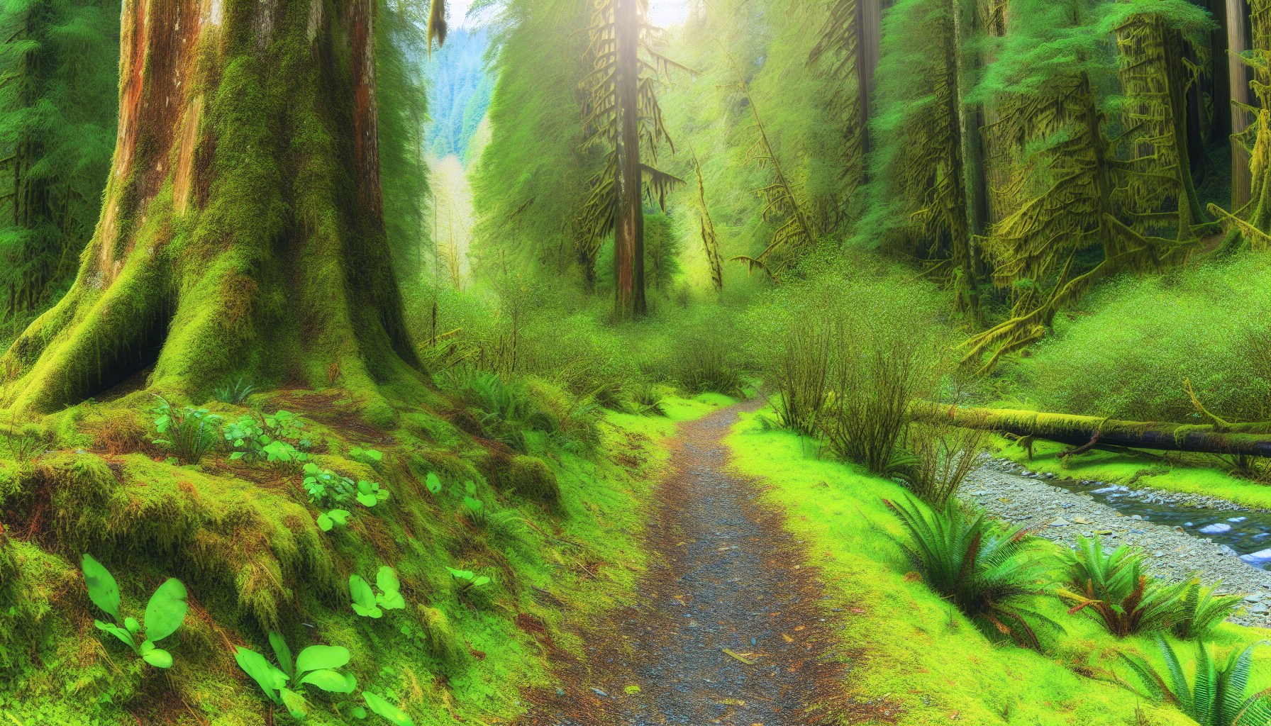 AI-generated image of a path through a lush green forest with tall trees next to a small flowing stream. 