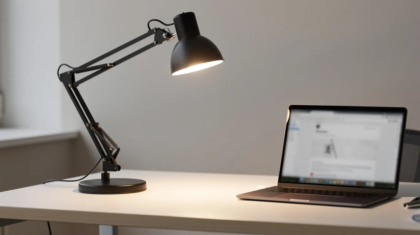 En riktbar bordslampa med svängbar arm står på ett skrivbord, bredvid en laptop. Lampan ger ett mjukt ljus och passar perfekt för att skapa en bra stämning i rummet.