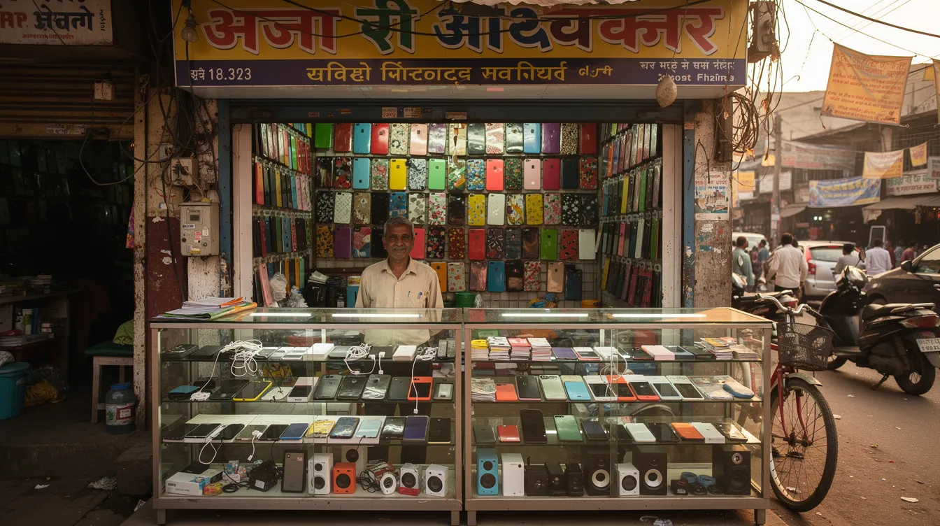 b0d68e52 4f6a 4e02 8e30 d4da66660bd3 The image depicts a small mobile phone accessories shop in an Indian market, showcasing various display cases filled with colorful phone cases, chargers, and other gadgets. The bustling atmosphere highlights the shop's role in providing easy access to affordable mobile accessories for local customers.