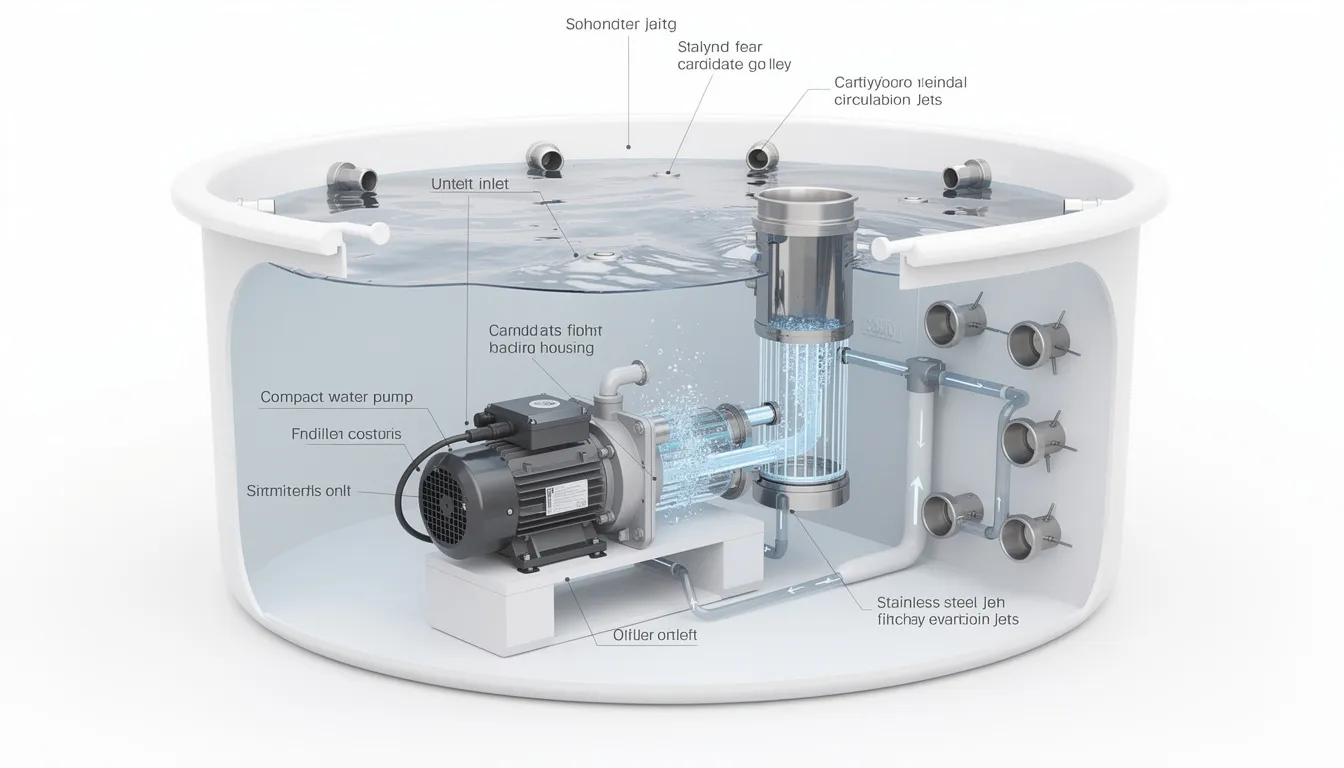 The image depicts the essential components of a cold plunge filtration system, including a pump, filter, and circulation jets, which are crucial for maintaining water quality and temperature in a cold plunge tank. This setup is vital for effective cold water immersion therapy, promoting improved circulation and overall well-being.