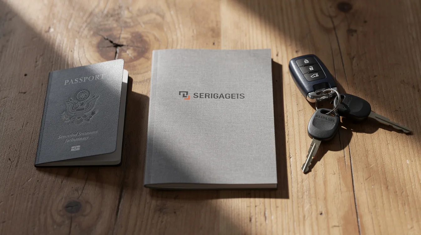 The image shows a small grey booklet, likely an international driving permit (IDP), placed next to a passport and car keys on a wooden table, indicating essential documents for driving legally in foreign countries. The physical IDP is a valid form of identification that may be required by car rental companies in many regions around the world.