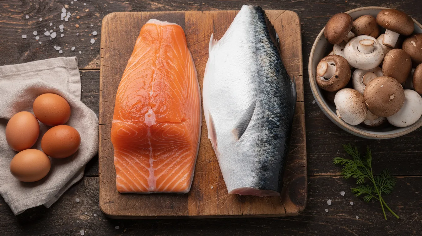 Auf einem Holzbrett liegen frischer Lachs und Hering, umgeben von Eiern und einer Schale mit Pilzen. Diese Lebensmittel sind reich an Nährstoffen und können zur Verbesserung des Vitamin D Spiegels im Körper beitragen, was wichtig für die Gesundheit von Knochen und Zähnen ist.