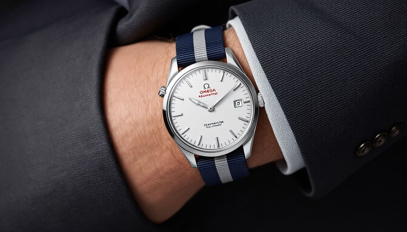 An Omega Seamaster paired with a Bond Nato strap.