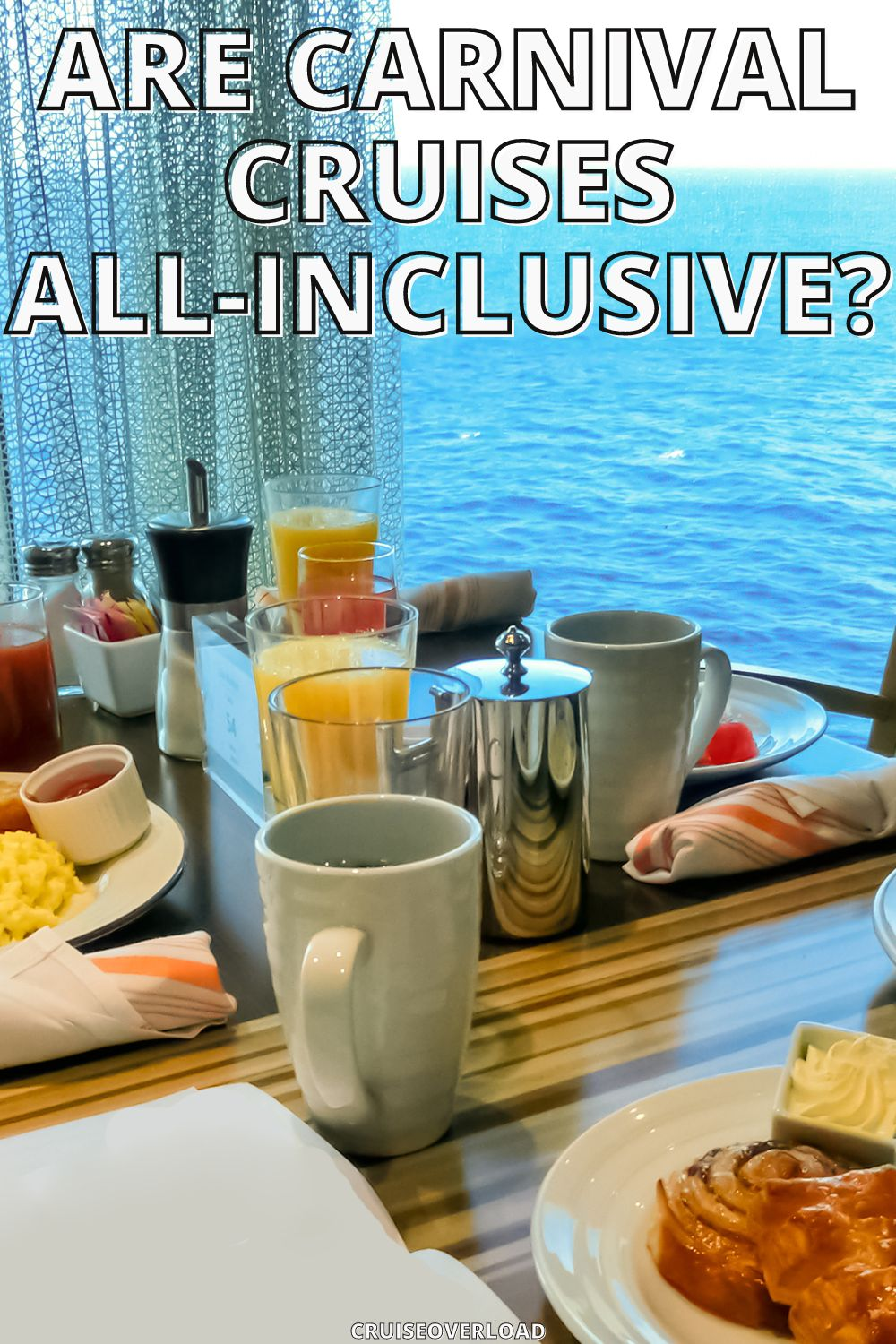 Breakfast spread on a cruiseship with text on top asking 'Are carnival Cruises All Inclusive?"