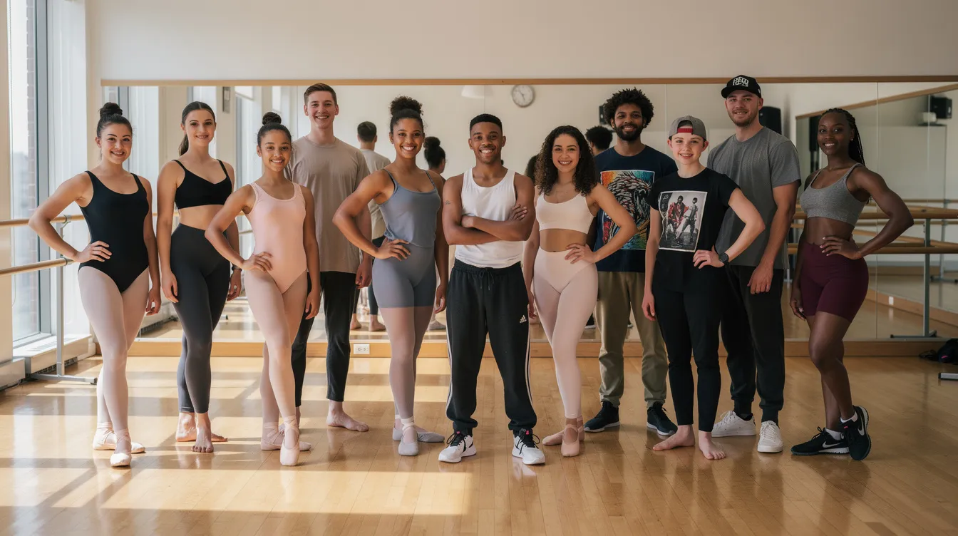 The image features a diverse group of young dancers dressed in various styles of dance attire, posing together in a bright studio, showcasing their unity and passion for dance. This vibrant scene captures the essence of a creative community, perfect for promoting events and ticket sales on a ticketing platform.
