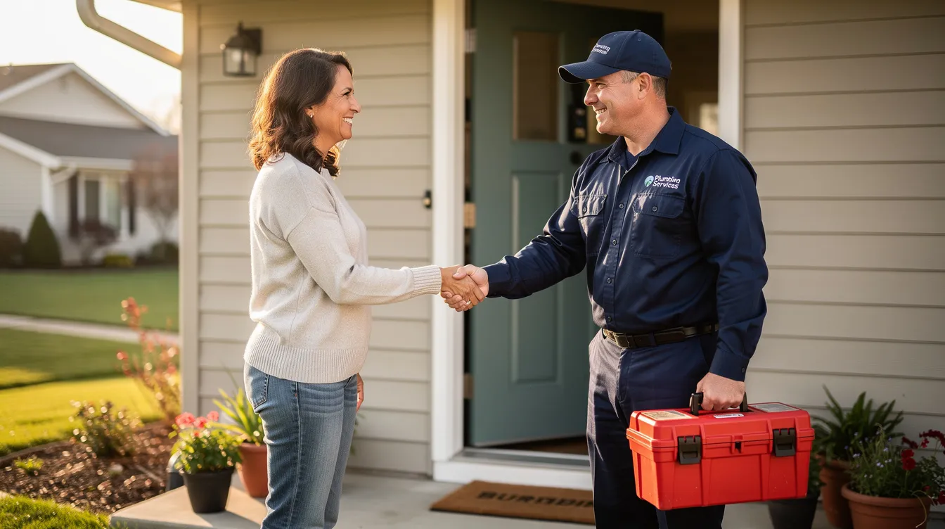 A homeowner is shaking hands with a uniformed plumber at the front door, indicating a successful agreement for plumbing services. The scene suggests a professional relationship, highlighting the plumber's role in addressing plumbing problems and providing reliable service for residential properties.