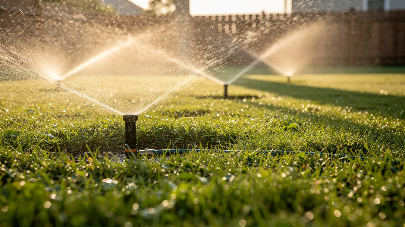 In the early morning sunlight, a residential lawn is being watered by sprinkler heads, showcasing a freshly seeded green lawn with Bermuda grass and perennial ryegrass. The scene captures the essence of winter overseeding, as the moist soil nurtures the grass seeds for optimal germination and seedling growth.