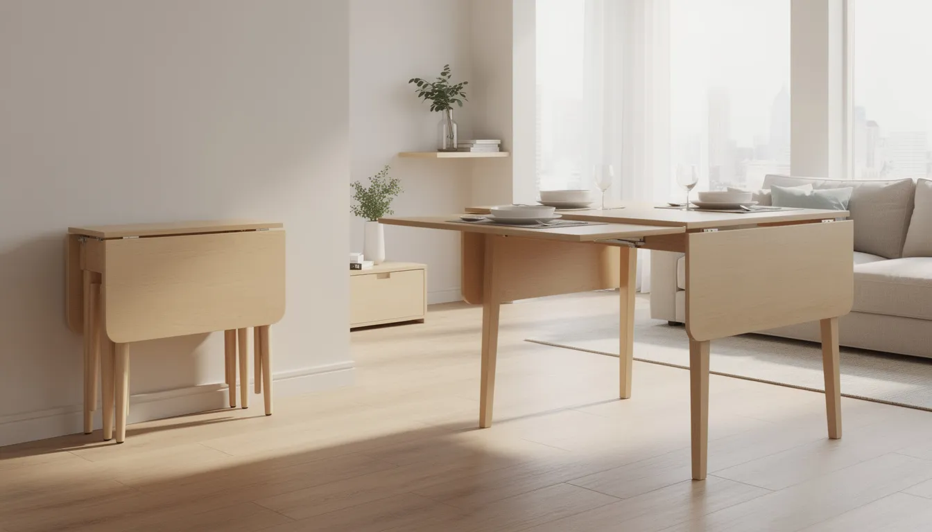 The image features a drop-leaf dining table positioned in a bright studio apartment, showcasing its versatility in both folded and open states. This stylish dining room furniture piece, crafted with a solid wood frame, is perfect for small spaces and offers functionality for family meals or entertaining guests.