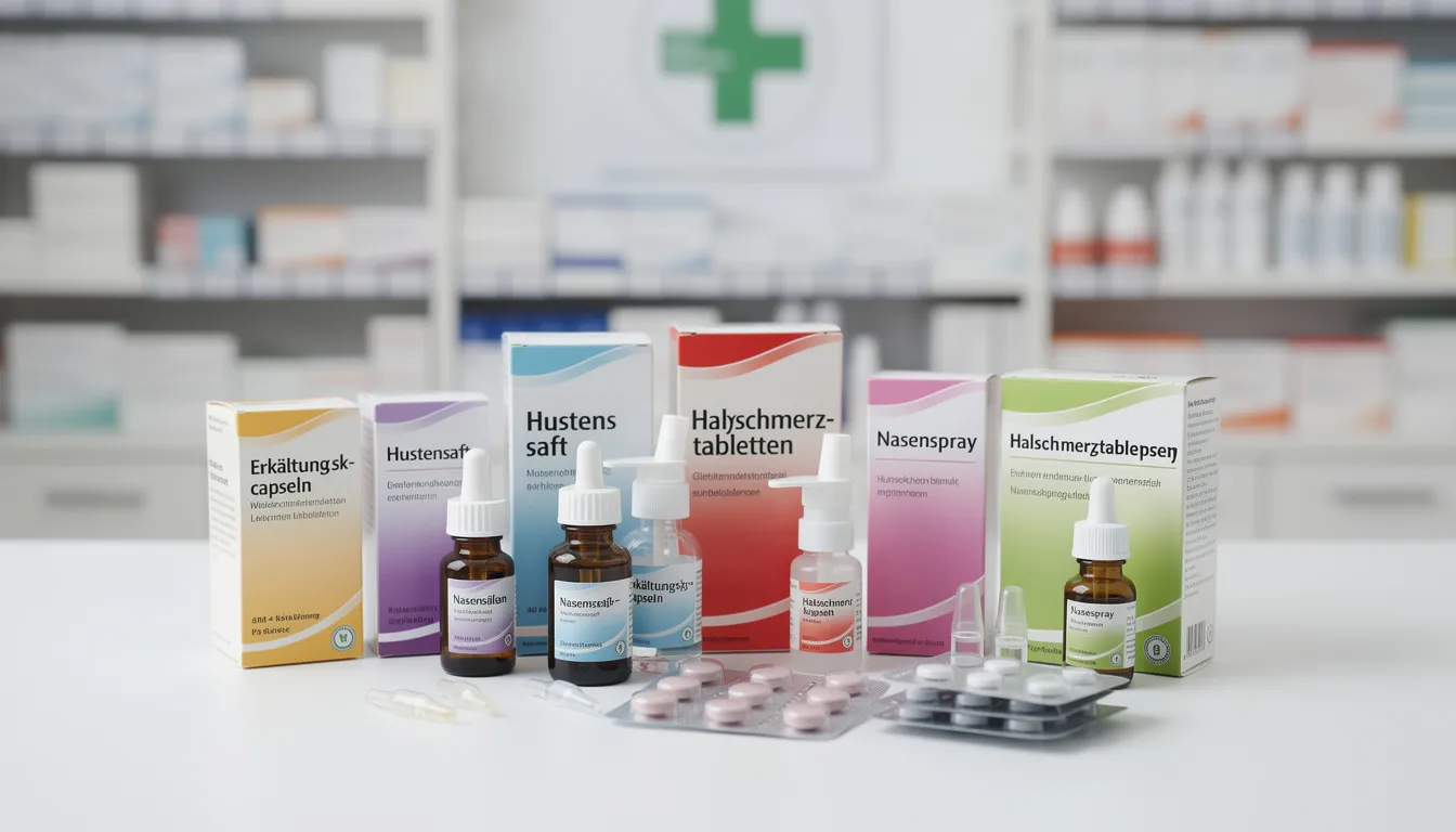 Auf einem Apothekentisch sind verschiedene Erkältungsmedikamente und Nasensprays ausgestellt, die zur Linderung von Erkältungsbeschwerden dienen. Diese Produkte sind Teil des Sortiments der DocMorris Versandapotheke, wo auch Aktionen und Rabattcodes für den Einkauf verfügbar sind.
