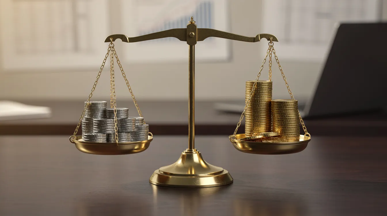 The image depicts a traditional balance scale with coins placed on each side, symbolizing a financial comparison between different loan options such as home equity loans and personal loans. This visual representation highlights the importance of understanding interest rates, credit scores, and monthly payments in personal finance decisions