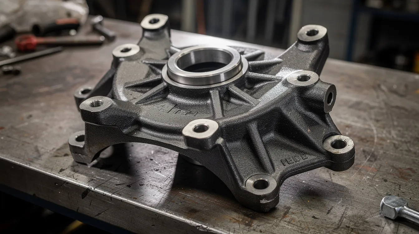 The image depicts a heavy-duty automotive suspension knuckle component made of dark cast iron, resting on a workshop bench. This part showcases the durability and mechanical properties of ductile cast iron, highlighting its suitability for automotive applications due to its impact resistance and fatigue resistance.