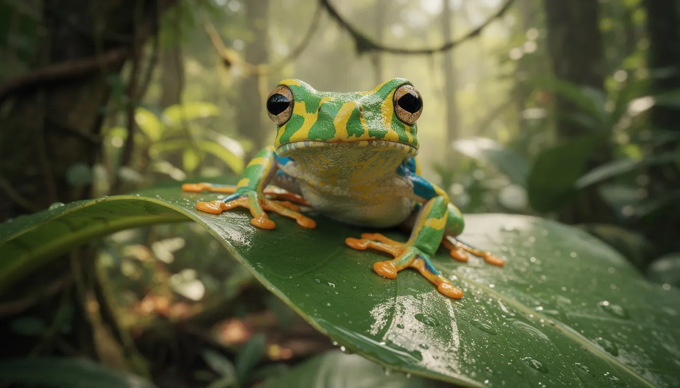 A vibrant tropical frog, a vertebrate animal, is perched on a lush green leaf in a dense rainforest, showcasing its colorful skin and unique characteristics. This scene highlights the rich biodiversity of the natural world, where various animal species thrive in nearly every environment.