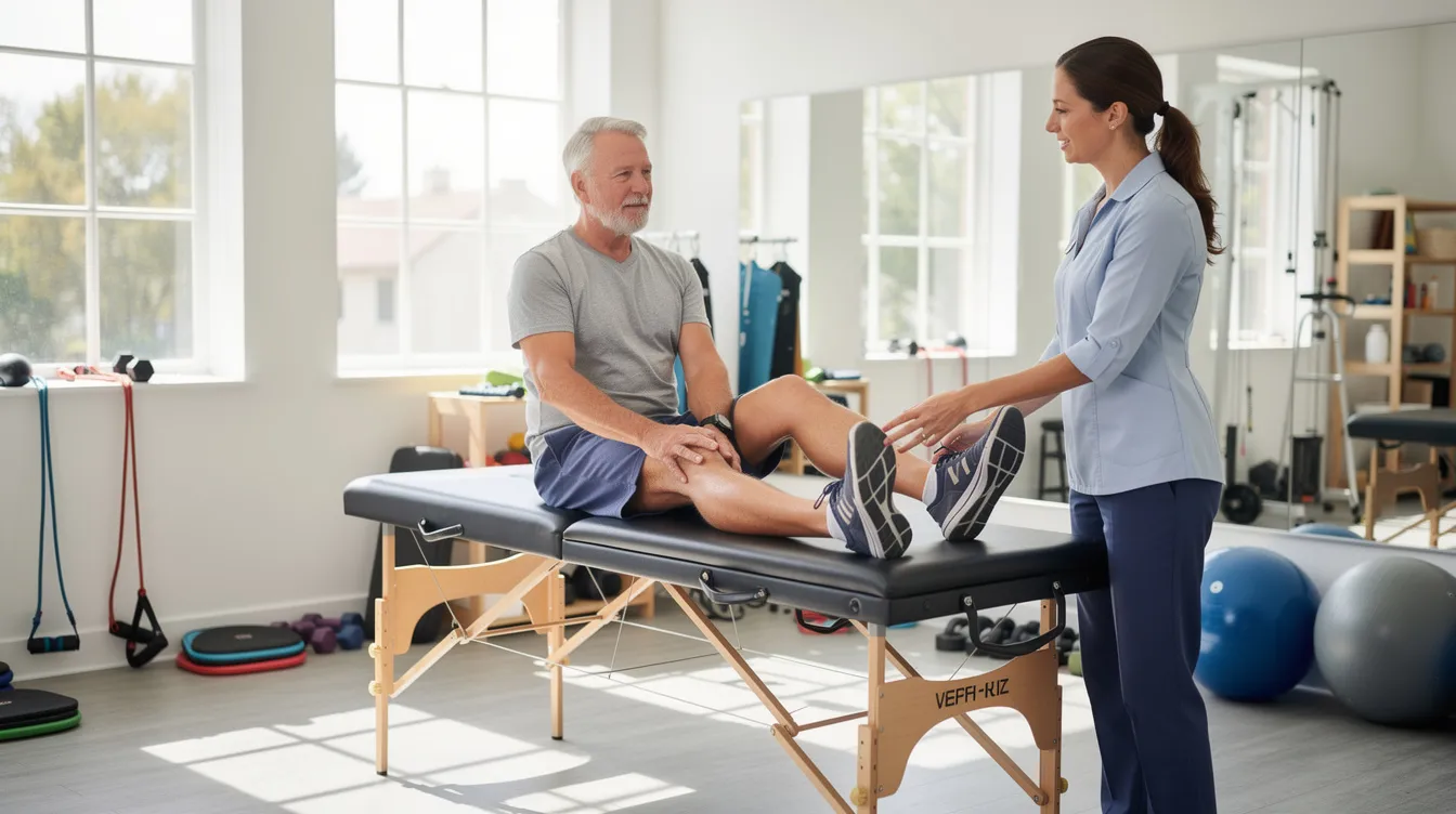 The image shows a patient performing gentle rehabilitation exercises for their knee in a bright physical therapy gym, focusing on strengthening the knee joint to aid in pain relief and recovery from a knee injury. The environment is equipped with various exercise tools, promoting a supportive atmosphere for healing and physical medicine.