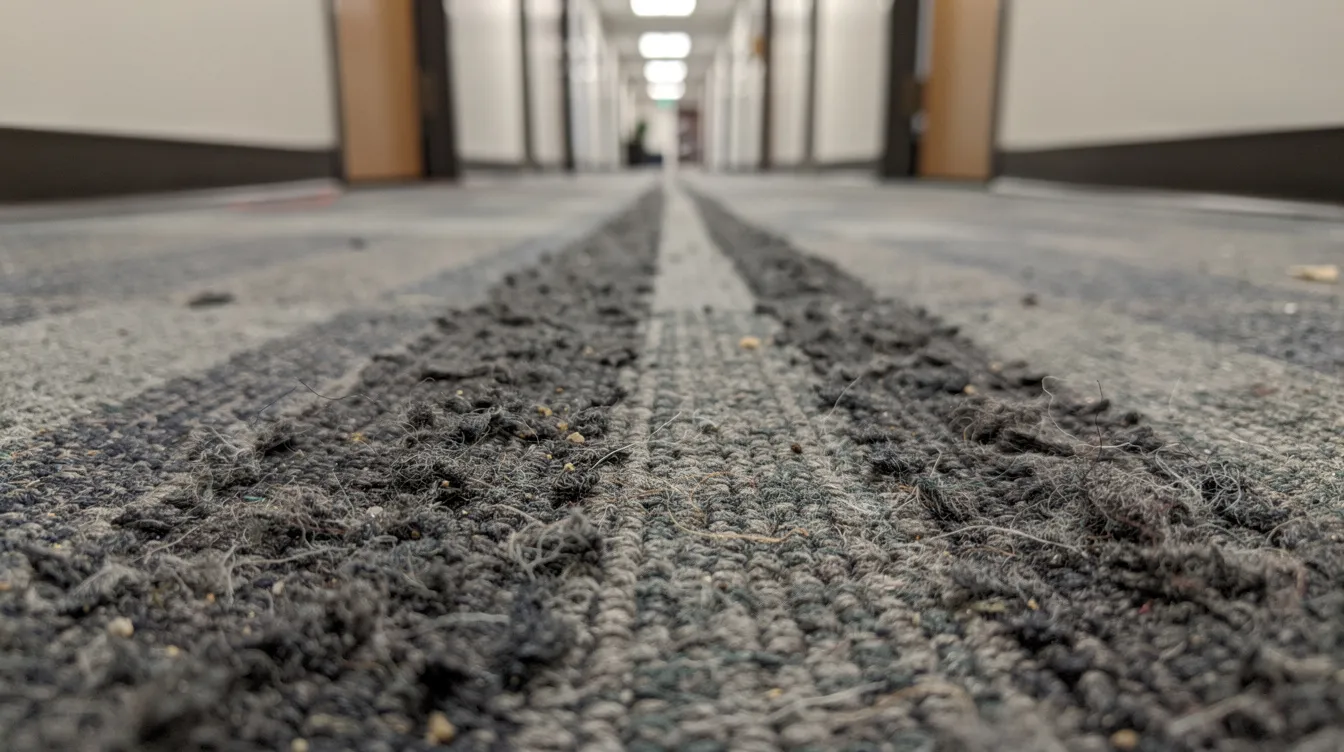 The image shows a close-up of worn commercial carpet in a high-traffic office hallway, highlighting visible traffic lanes that indicate heavy use. This wear and tear underscores the importance of regular vacuuming and professional carpet cleaning services to maintain the carpet fibers and prevent dirt buildup.