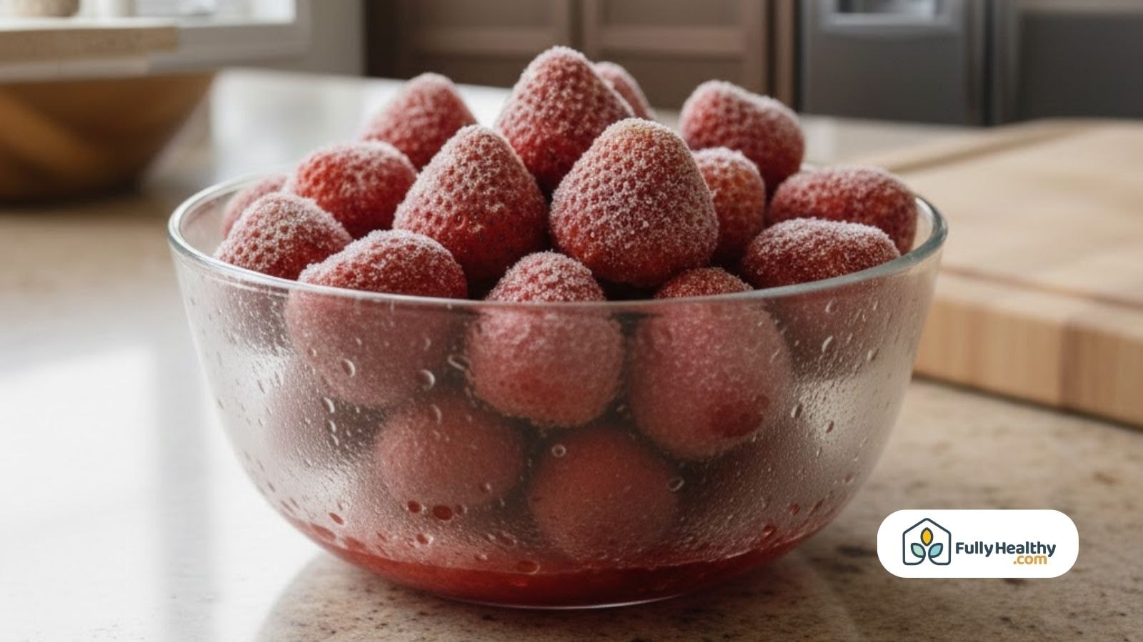 Bowl of thawed frozen strawberries on a kitchen counter showing texture and color after freezing.