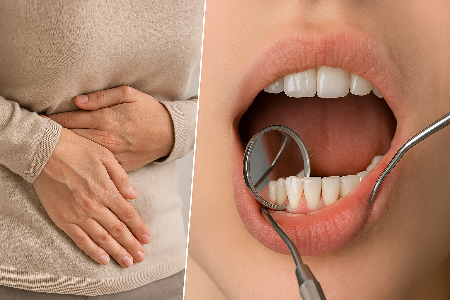 Person med magesmerter holder magen, vist ved siden av tannundersøkelse med speil og sonde i åpen munn med synlig tannkjøtt. spontaneous bacterial peritonitis bukhinnebetennelse søk tarmen eventuelt abdomen and standard grunn timer mangler andre prophylaxis sykehus https 2022