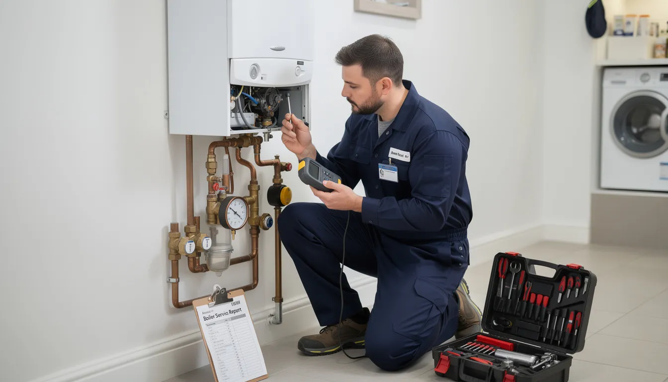 An engineer is conducting an annual boiler service check, inspecting a gas boiler as part of a central heating system. The technician is ensuring the boiler operates efficiently, which is essential for maintaining heating and hot water in the home.