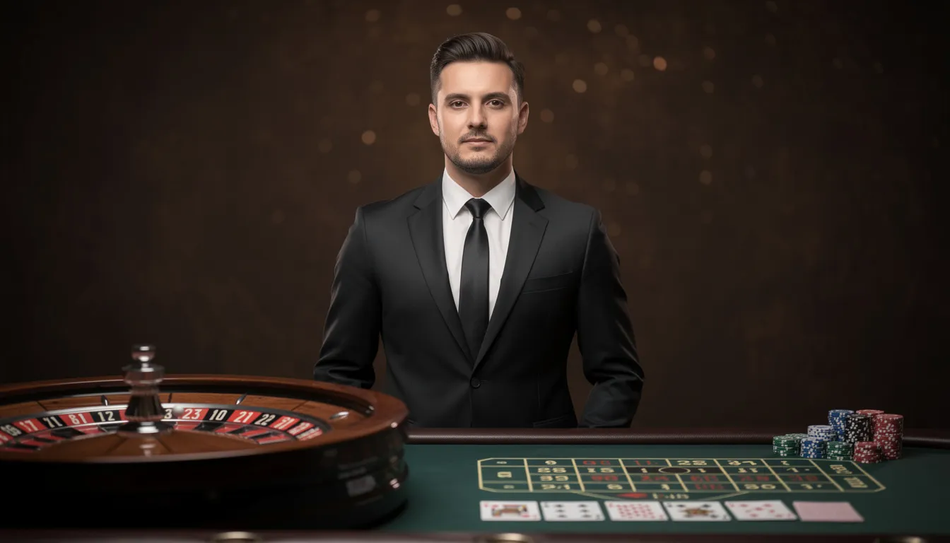 En professionell casinodealer står i en elegant studio med en roulettehjul och spelkort synliga i bakgrunden. Bilden fångar atmosfären av ett live casino, där spelare kan njuta av autentiska spelupplevelser online.