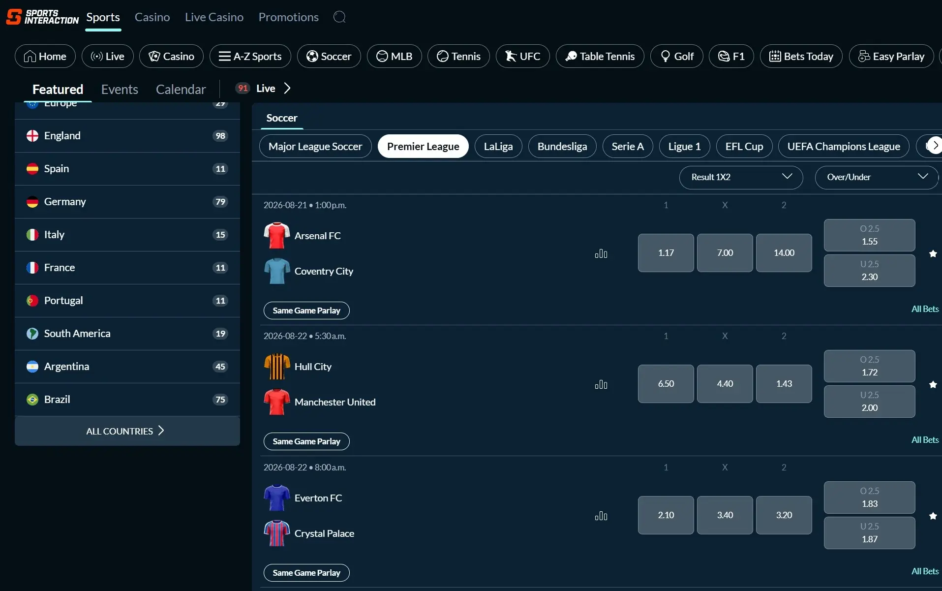 A screenshot of Sports Interaction displaying Premier League betting odds