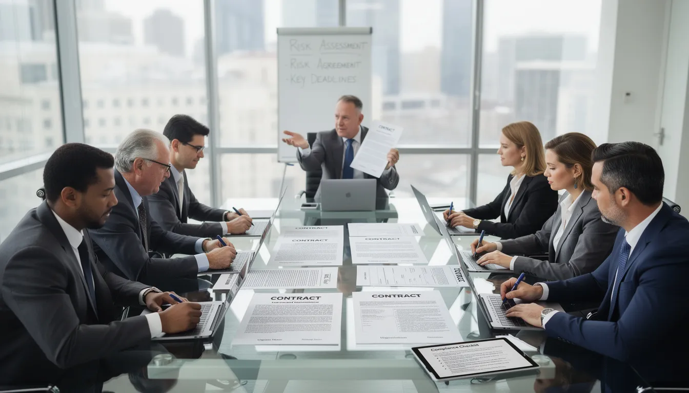 A group of business professionals is seated around a conference table, intently reviewing legal documents and contracts related to private placements and securities offerings. The atmosphere is focused, highlighting the importance of compliance with federal and state securities laws as they discuss strategies for raising capital and addressing corporate governance matters.
