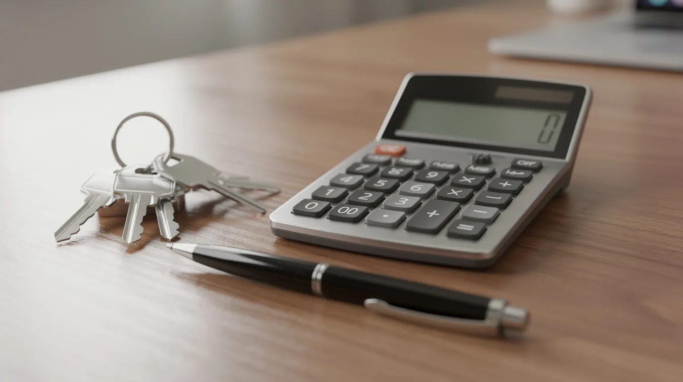 The image shows a calculator alongside house keys and a pen on a wooden desk, suggesting a focus on financial calculations related to real estate investments, such as debt service coverage ratio and loan payments for investment property loans. This arrangement hints at the planning process for securing a dscr loan pre approval or evaluating a property's cash flow.