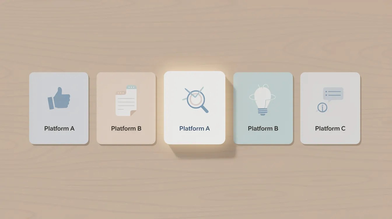 The image features a flat illustration of a table displaying a row of platform cards, with one card slightly elevated and highlighted, symbolizing the comparison of various community platform options. This visual representation emphasizes key features like community engagement, discussion forums, and tailored plans for community builders.
