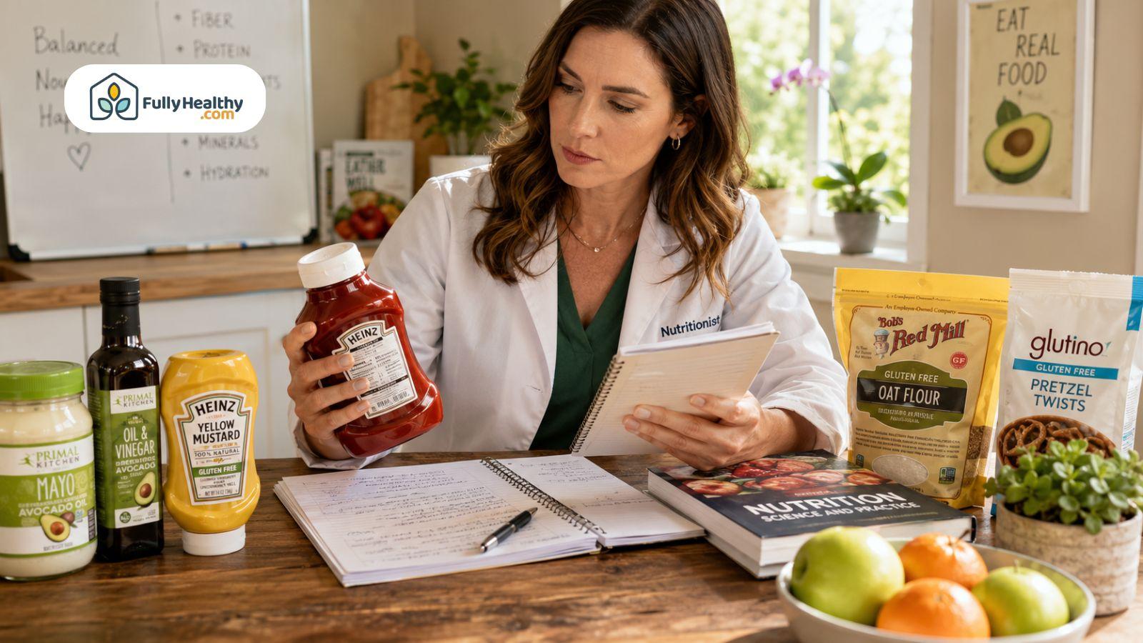 Nutritionist reviewing ketchup label alongside gluten-free foods and notes
