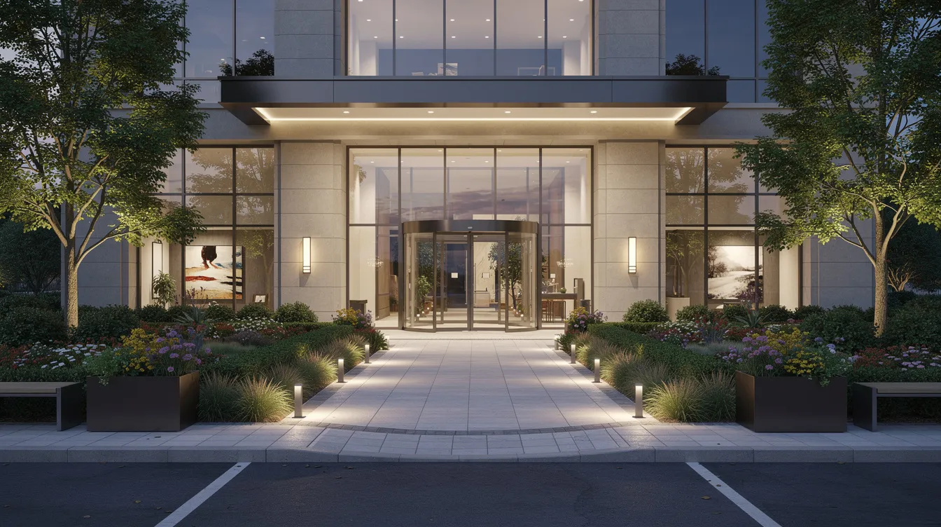 The image shows a beautifully landscaped entrance to a commercial building, featuring modern lighting that enhances the property’s appeal. Effective property management is evident in the well-maintained surroundings, which contribute to tenant satisfaction and the long-term value of the property.