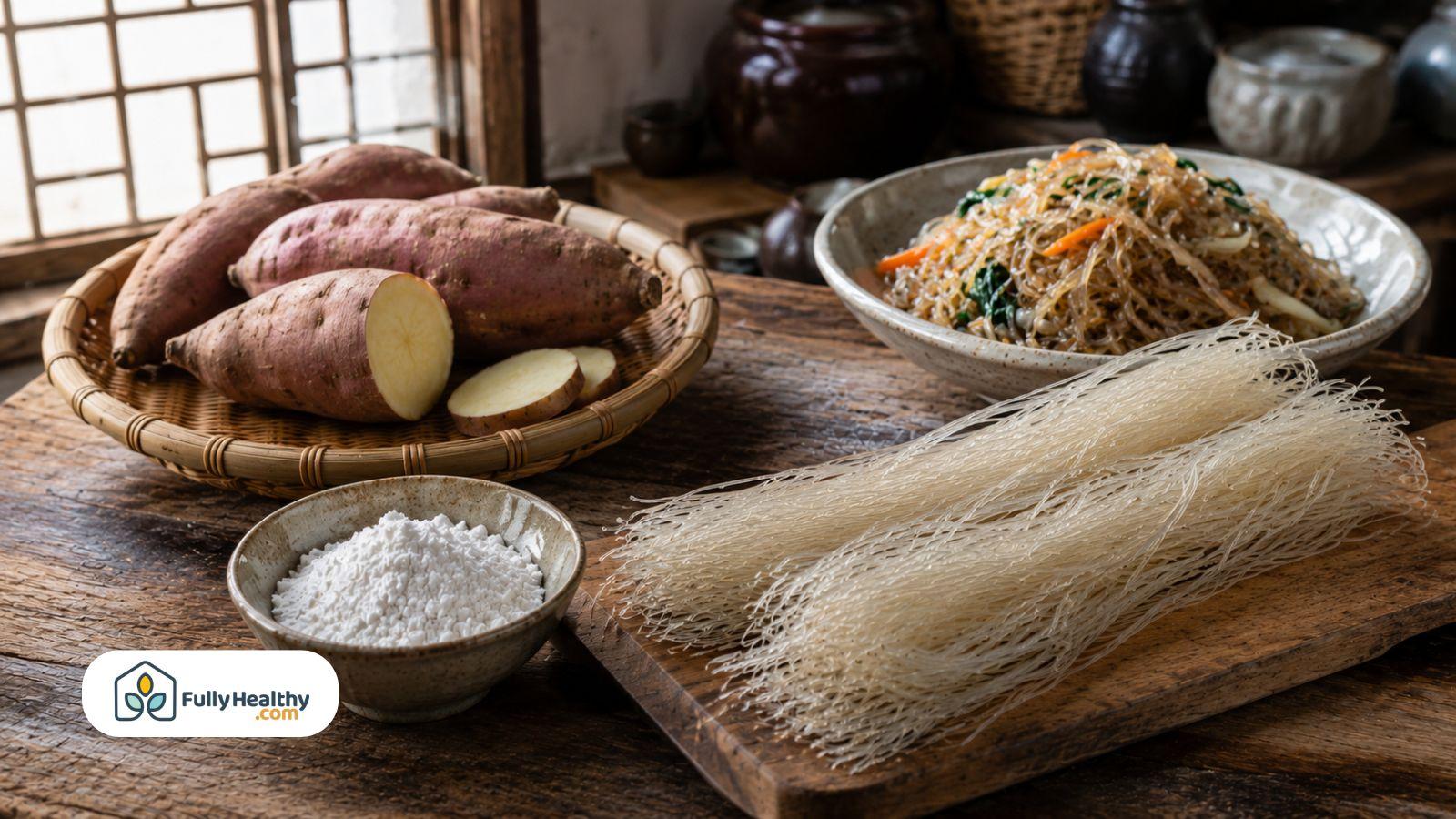 Sweet potatoes starch and glass noodles in rustic kitchen setting