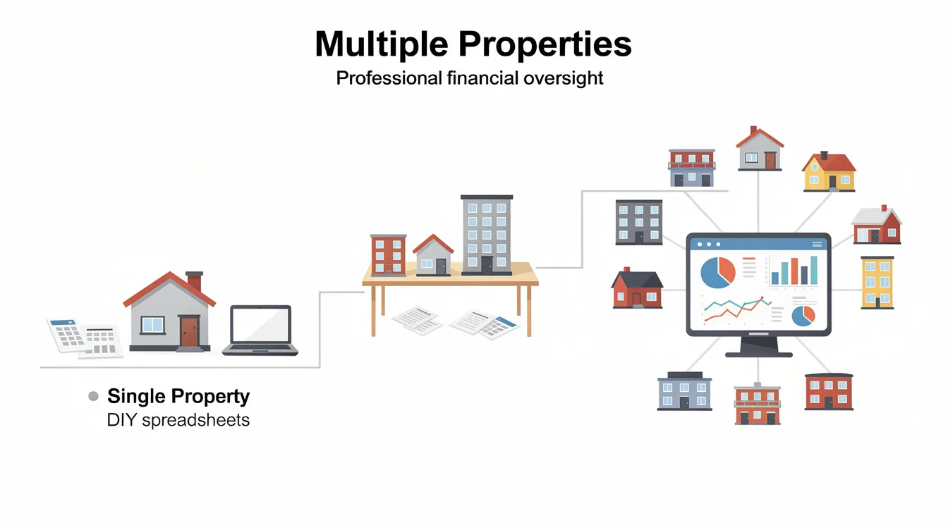 The image illustrates a flow graphic depicting the transition from managing a single property using DIY spreadsheets to overseeing multiple properties with the assistance of professional financial management services. This progression highlights the importance of effective financial management for property owners, emphasizing the benefits of utilizing property managers for optimizing rental income and ensuring successful property ownership.