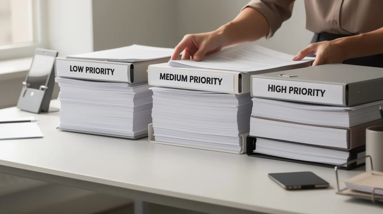 The image depicts a clean desk with organized stacks of papers being sorted into priority order, suggesting a focus on clarity and efficiency in managing financial documents. The arrangement reflects an emphasis on maintaining a structured approach to financial matters, such as 清 數 and 還款 計劃.