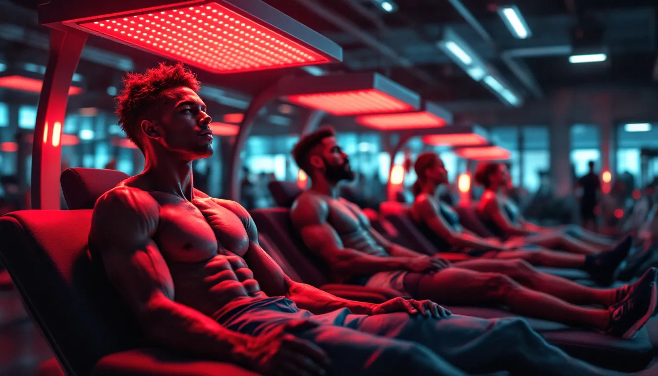 Athletes receiving red light therapy treatment.