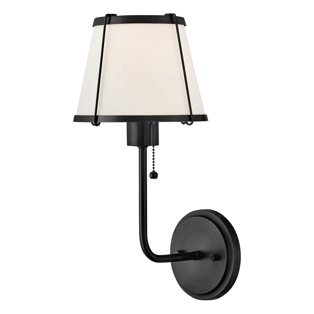 Clarke Medium Single Light Sconce: A black wall sconce with an off-white linen shade and a pull chain switch.