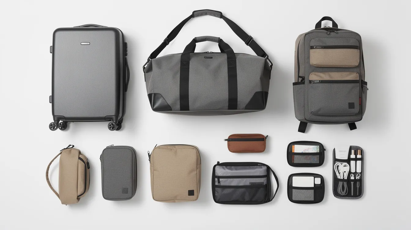 The image features a variety of travel bags and pouches neatly arranged on a white surface, showcasing different sizes and styles ideal for packing clothing. These bags can help travelers keep their dirty clothes from smelling in their suitcase, ensuring a fresh scent for clean clothes during trips.