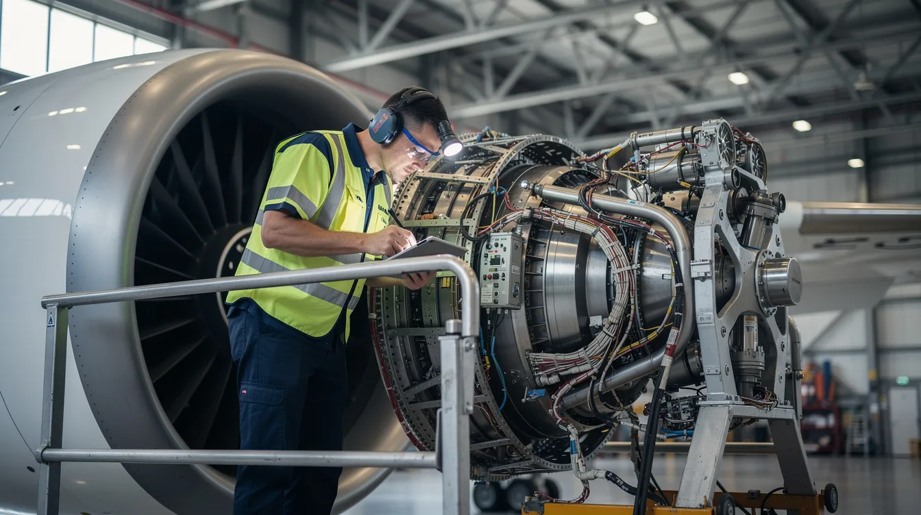 An aircraft technician is closely inspecting engine components, highlighting the hands-on training involved in an apprenticeship program for aviation maintenance. This scene emphasizes the critical role of maintenance technicians in ensuring the safety and performance of aircraft.