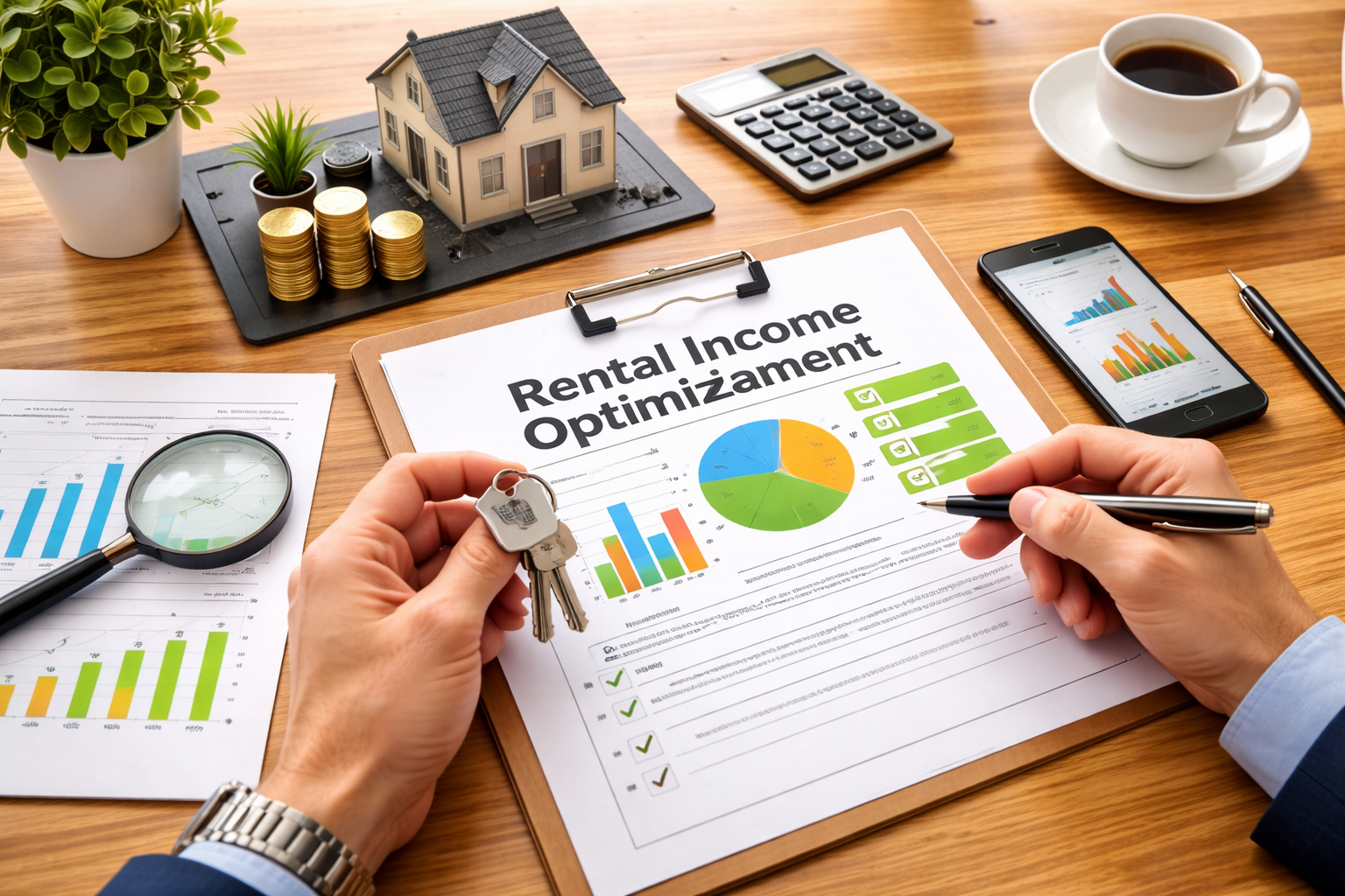 Property manager reviewing rental income data and financial charts to maximize rental income, plan for capital gains tax considerations, and optimize performance across online rental platforms.