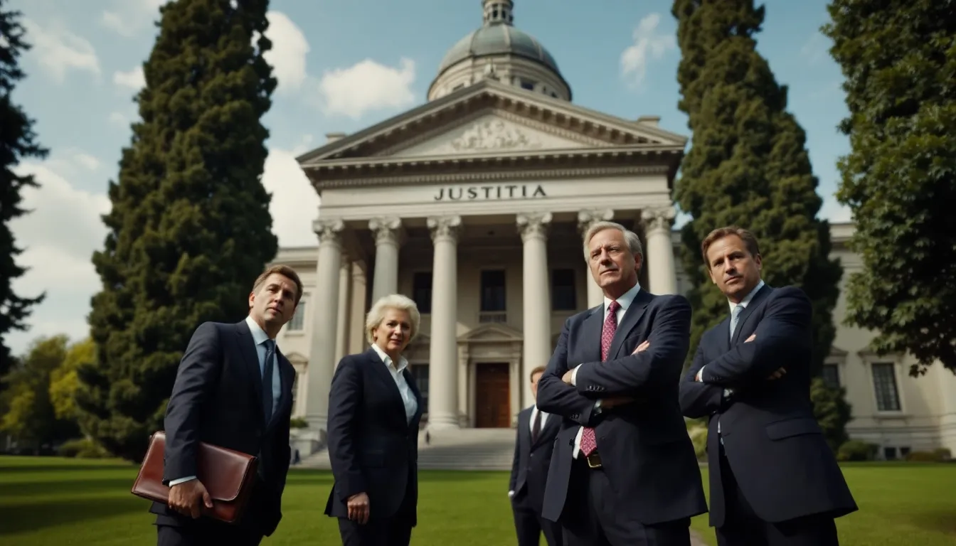 A bustling courthouse scene featuring several lawyers in professional attire, engaged in discussions and reviewing documents, with the imposing building of the district court visible in the background, symbolizing the judicial process.