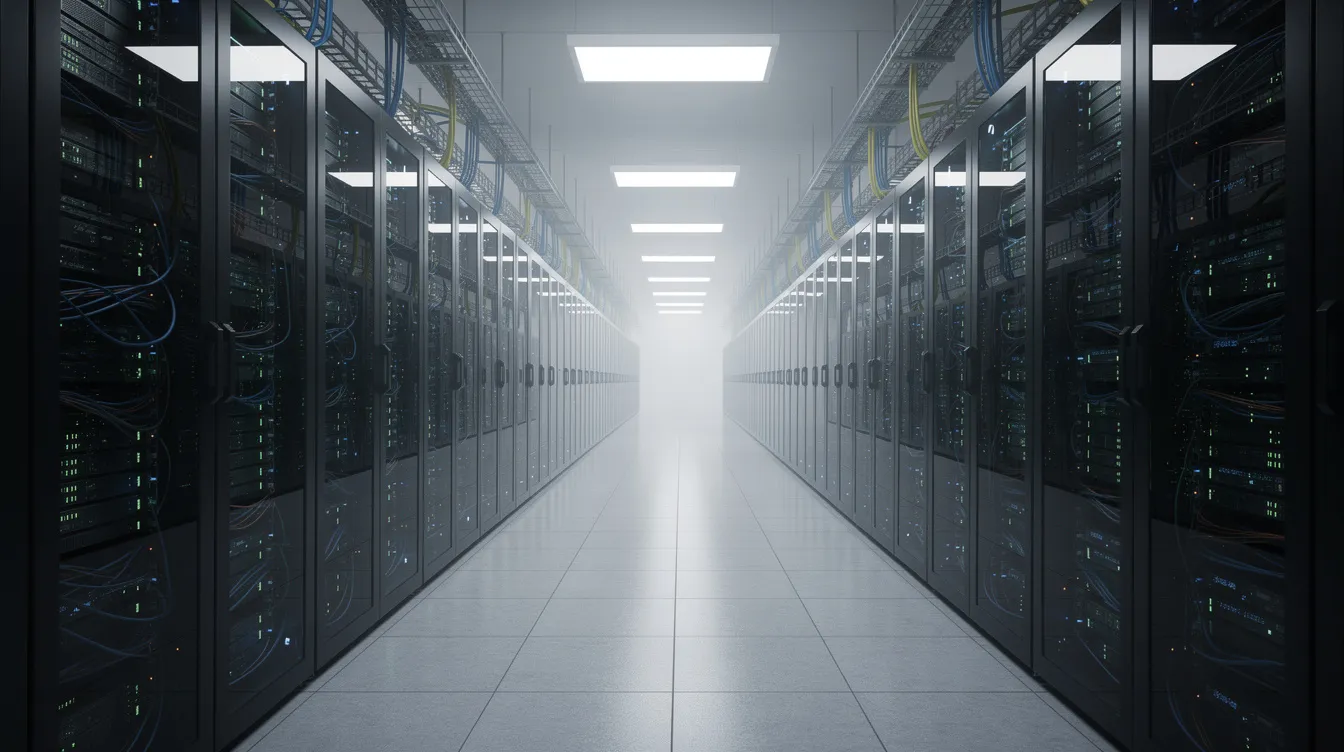 The image depicts a modern data center filled with rows of sleek servers and blinking network equipment, showcasing the infrastructure that supports extensive integrations and powerful apps for businesses. This environment is essential for managing sensitive data and ensuring enterprise security in today's digital landscape.