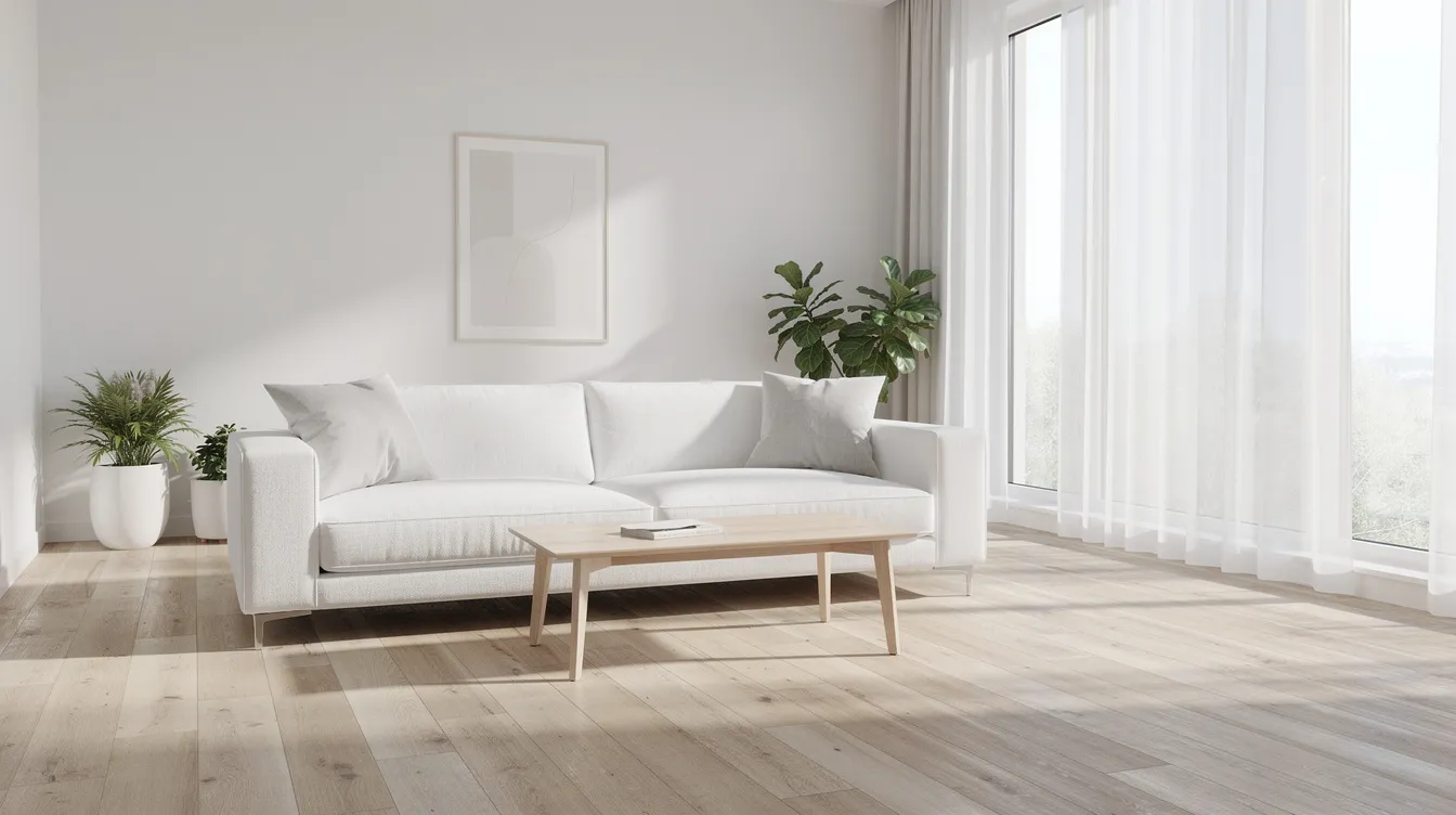 Ett ljust och luftigt skandinaviskt vardagsrum med en vit soffa och trägolv i ljus ek, där stora fönster släpper in naturligt dagsljus. Rummet har en modern och minimalistisk stil med rena linjer och naturliga material som skapar en varm och inbjudande känsla.