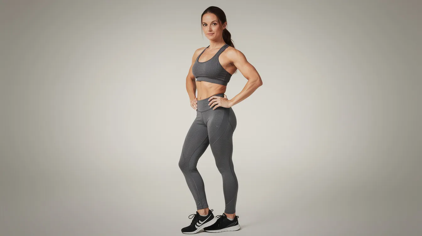 The image features a person standing confidently in athletic wear, showcasing their natural body contours, which highlights their toned upper arms and abdomen. This portrayal emphasizes self-confidence and a healthy lifestyle, suggesting the benefits of a balanced diet and exercise, while also resonating with themes of body positivity and aesthetic enhancement.