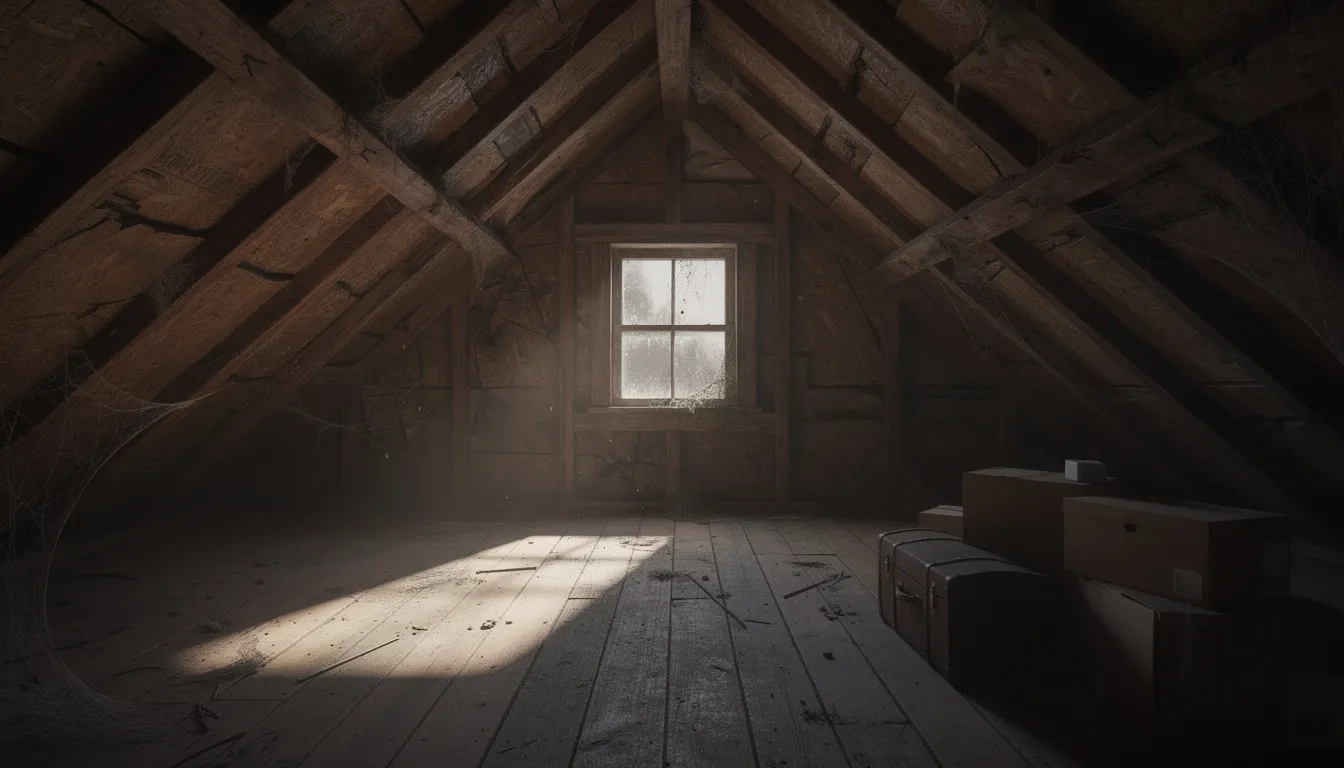The image depicts a dimly lit attic space featuring exposed wooden rafters and roof sheathing, which can create an environment conducive to mold growth due to potential excess moisture and poor ventilation. This setting may encourage mold colonies to thrive if humidity levels remain high and air circulation is inadequate.