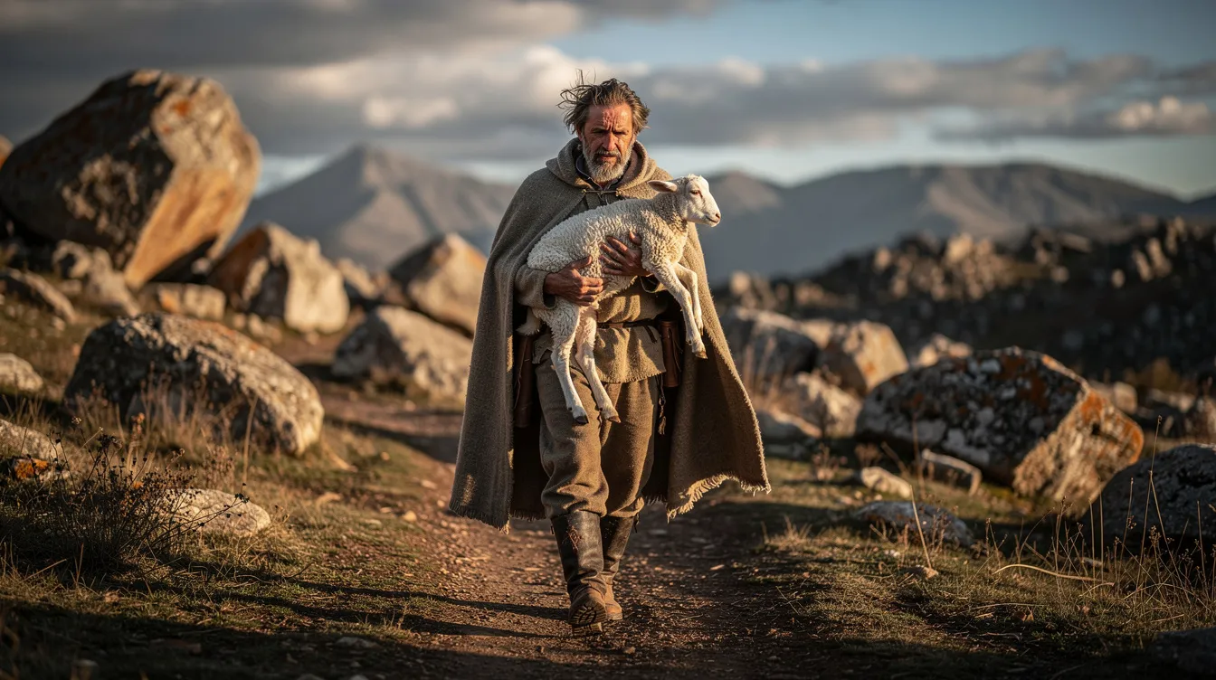 A skilled shepherd carries a small lamb across his shoulders while navigating a rugged landscape, symbolizing the biblical theme of the good shepherd who gently leads and cares for God’s flock. This image reflects the shepherd motif found in scripture, representing the protective and nurturing role of shepherds in the context of God's people.