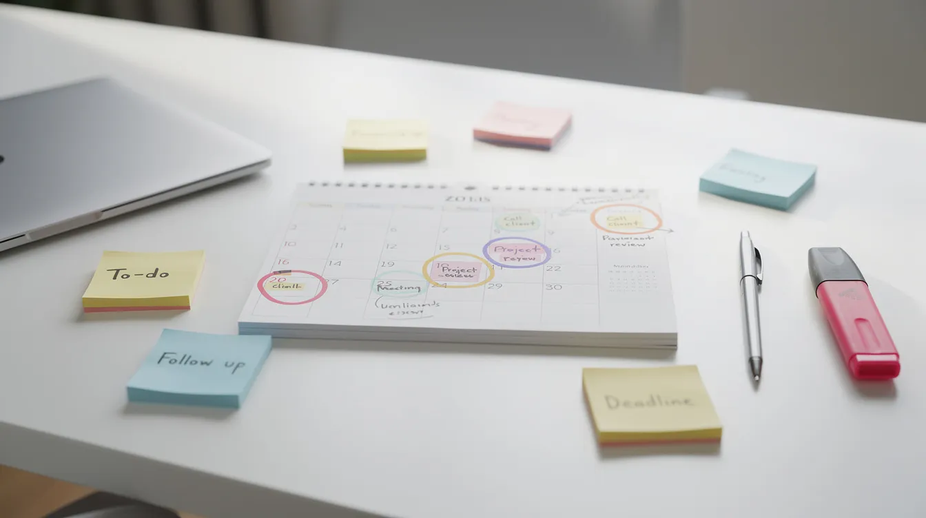 The image depicts a clean desk featuring a calendar marked with highlighted follow-up dates and colorful sticky notes, suggesting an organized approach to managing dental insurance claims and appeals. This setup emphasizes the importance of tracking necessary documentation and deadlines in the dental practice's revenue cycle management.