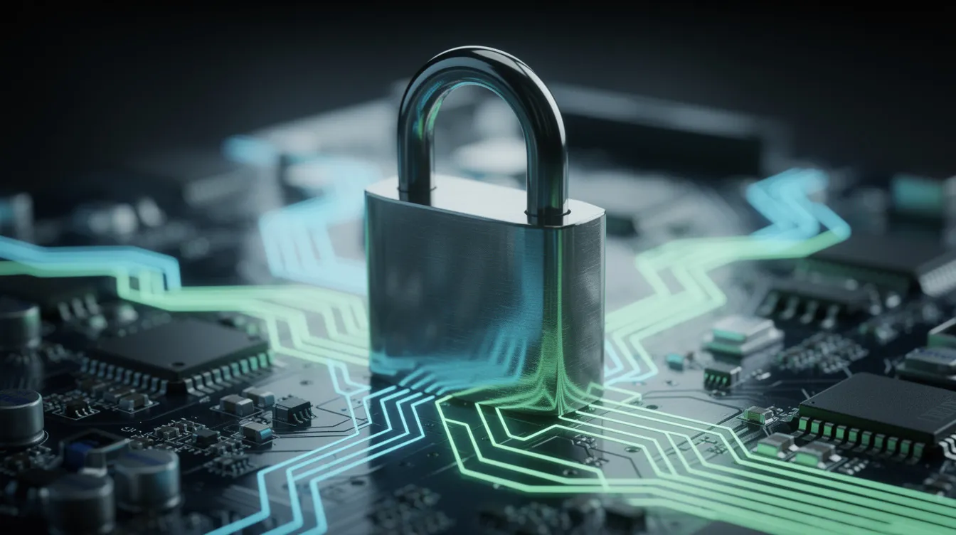 IT Cyber Security: Defending Data, Applications, and Critical Infrastructure 10 The image features a glowing padlock situated on a circuit board, illuminated by blue and green light traces, symbolizing the importance of cyber security in protecting sensitive data and digital assets from evolving threats. This visual representation highlights the critical role of access management and endpoint security in safeguarding computer networks against potential security breaches.